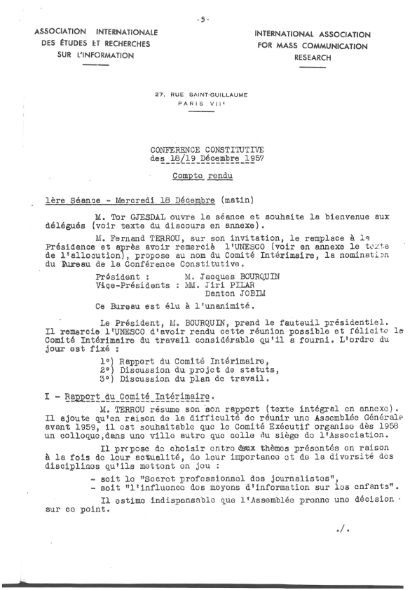 The first page of the minutes of the founding meeting of IAMCR, 18/19 December 1957<br><p><p> The first page of the minutes of the founding meeting of IAMCR, 18/19 December 1957